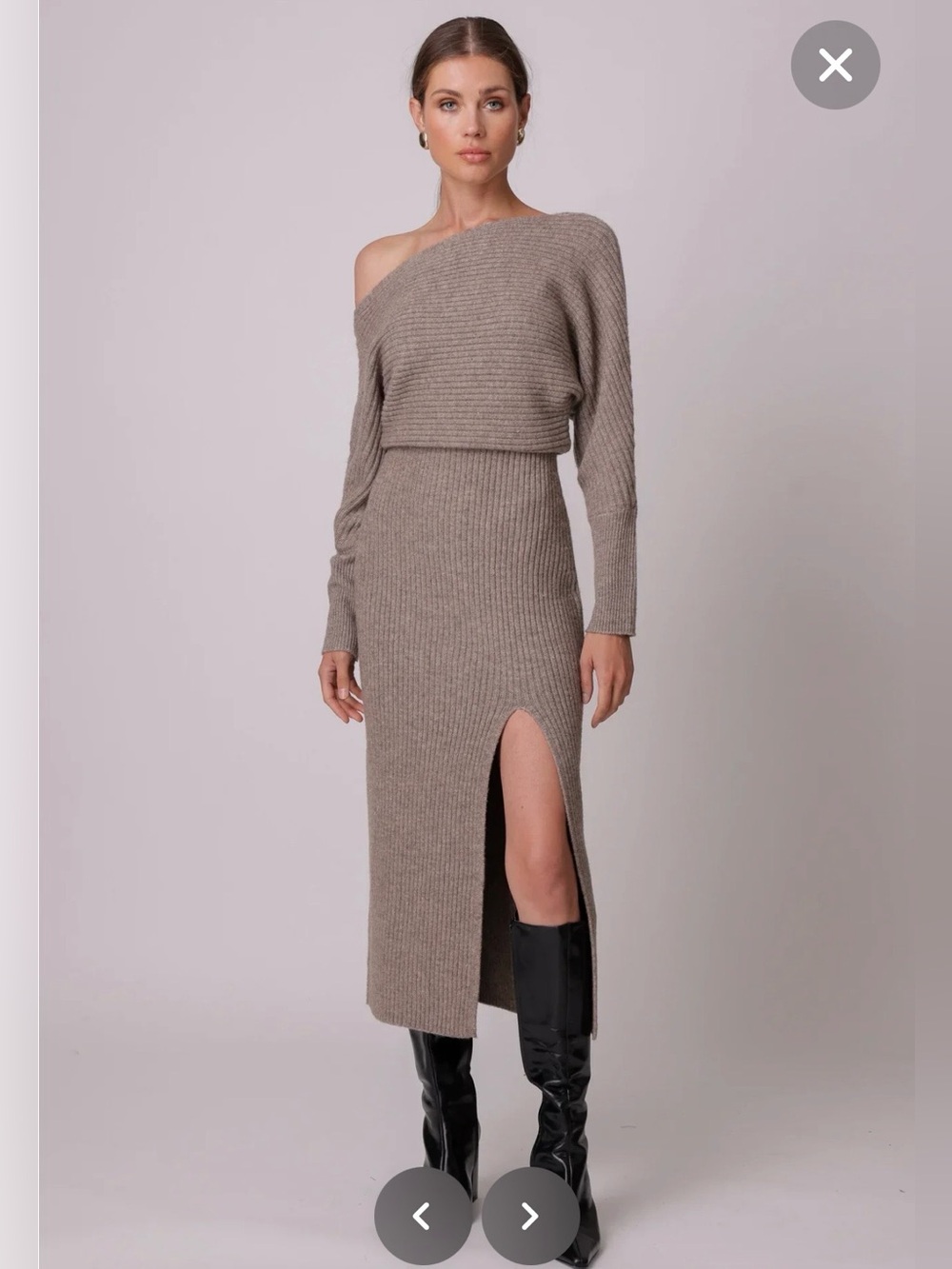 Line + Dot Alta Latta Ribbed Knit Sweater Dress in Taupe with Side Slit Size XS